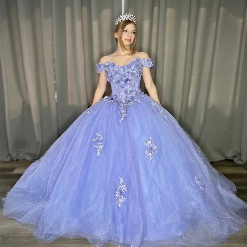 

Lavender Bling Sweet 16 Quinceanera Dresses with 3D Applique Lace Beads Corset Dress Vestidos De 15 Anos Masquerade xv Dress