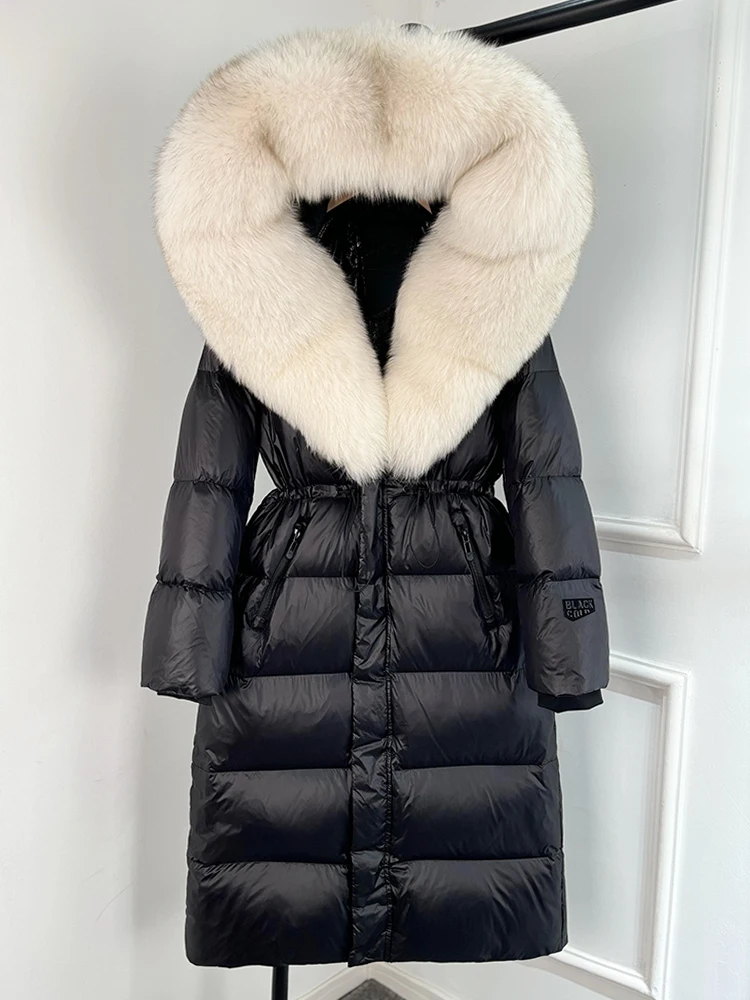 Janveny Thick Glossy Long Puffer Jacket Women Real Fox Fur Hooded 2026 Winter 90% Duck Down Coat Waterproof Female Warm Parkas