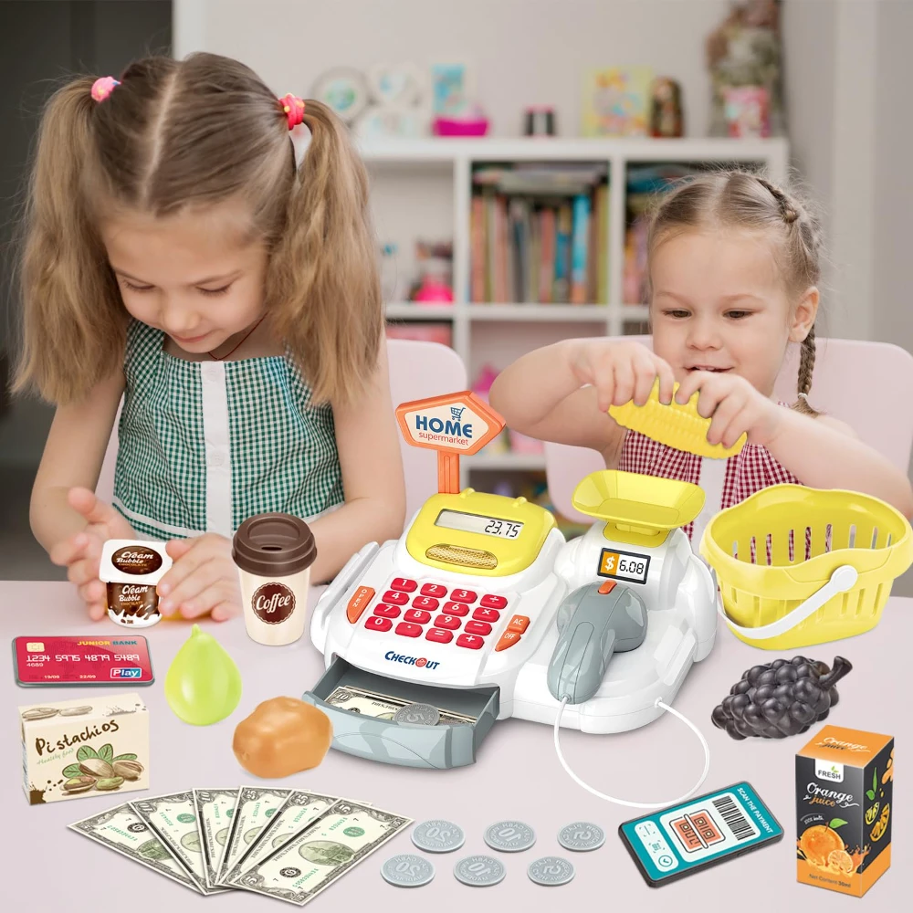 WizKidz Pretend Play Cash Register Toy with Scanner Sounds Calculator Credit Card Reader Play Food Money for Kids 3 Years Plus
