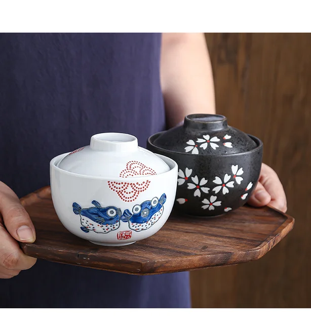 ANTOWALL Small tureen commercial home use soup bowl with lid ceramic  Japanese tableware steamed egg dessert bowl