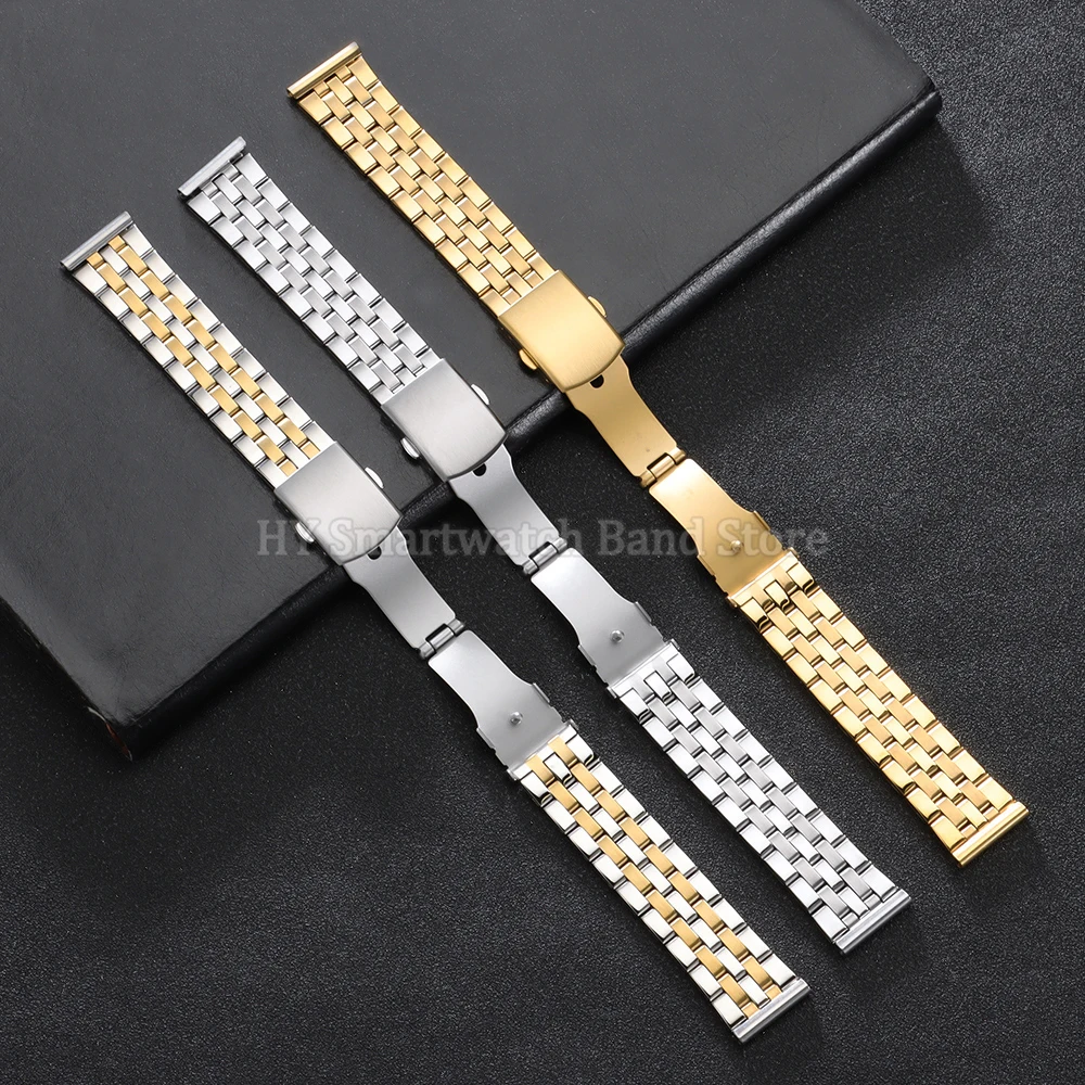 Curved End Stainless Steel Diving Watch Strap with Folding Buckle - Universal Fit