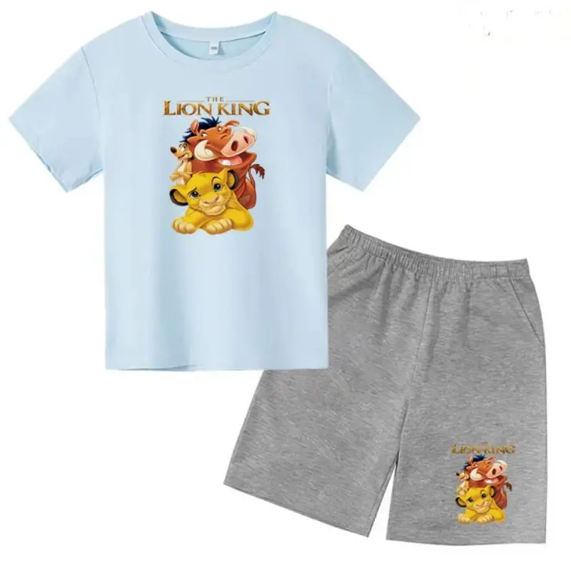 thumbnail image 1 of Conjunto de 2 piezas de camiseta y pantalones cortos con estampado de El Rey León Simba para niños y adolescentes, ropa informal de manga corta, traje de moda, 1 of 5