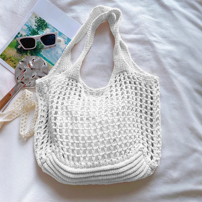 Women Crochet Tote Bag Hollow Beach Bag Large Capacity Fashion Knitted Bag Solid Color Simple Shopping Bag for Travel Vacation