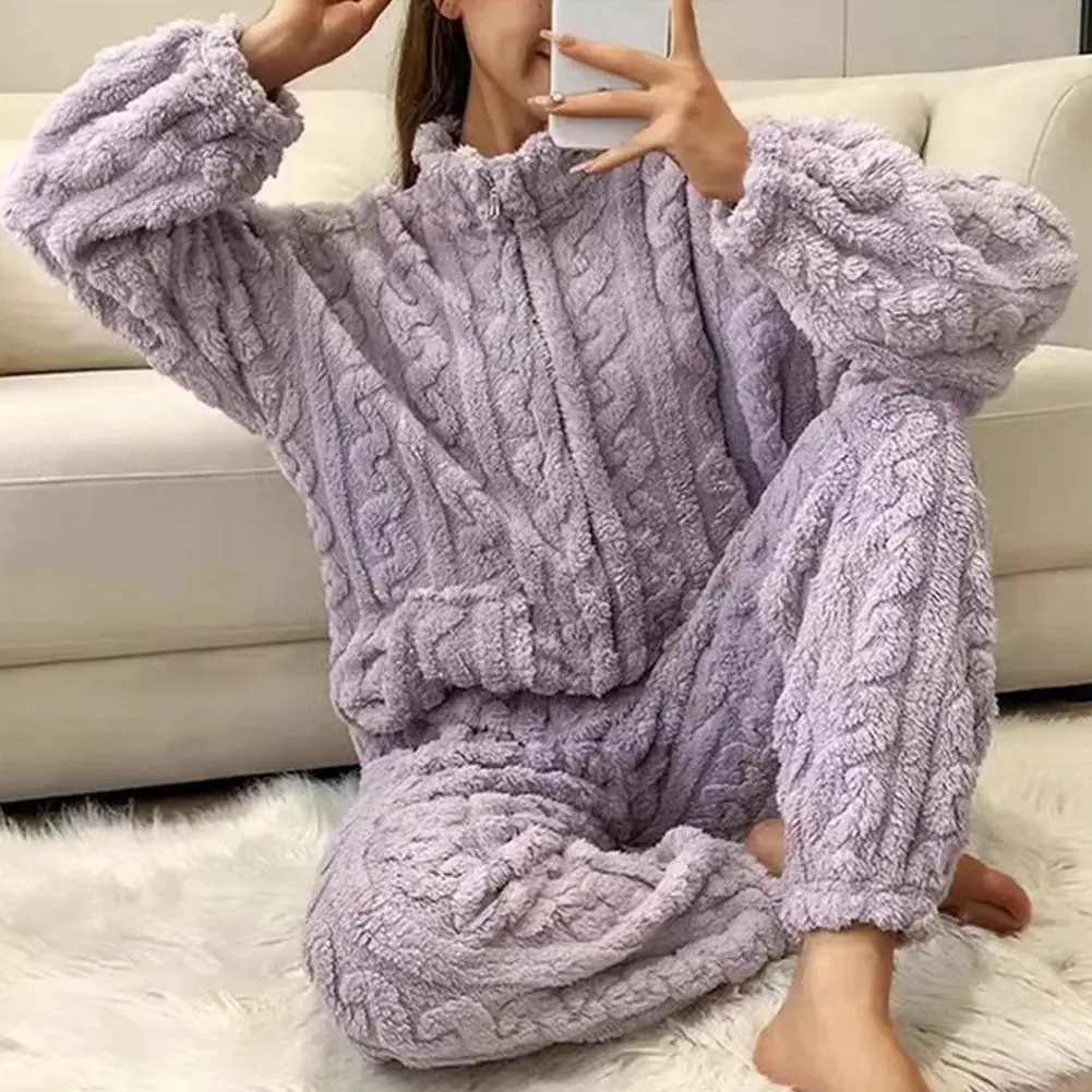 

Plush Pajama Set Cozy Winter Pajamas Set with Plush Stand Collar Zipper Closure Elastic Waist 2 Piece Homewear Suit for Warmth