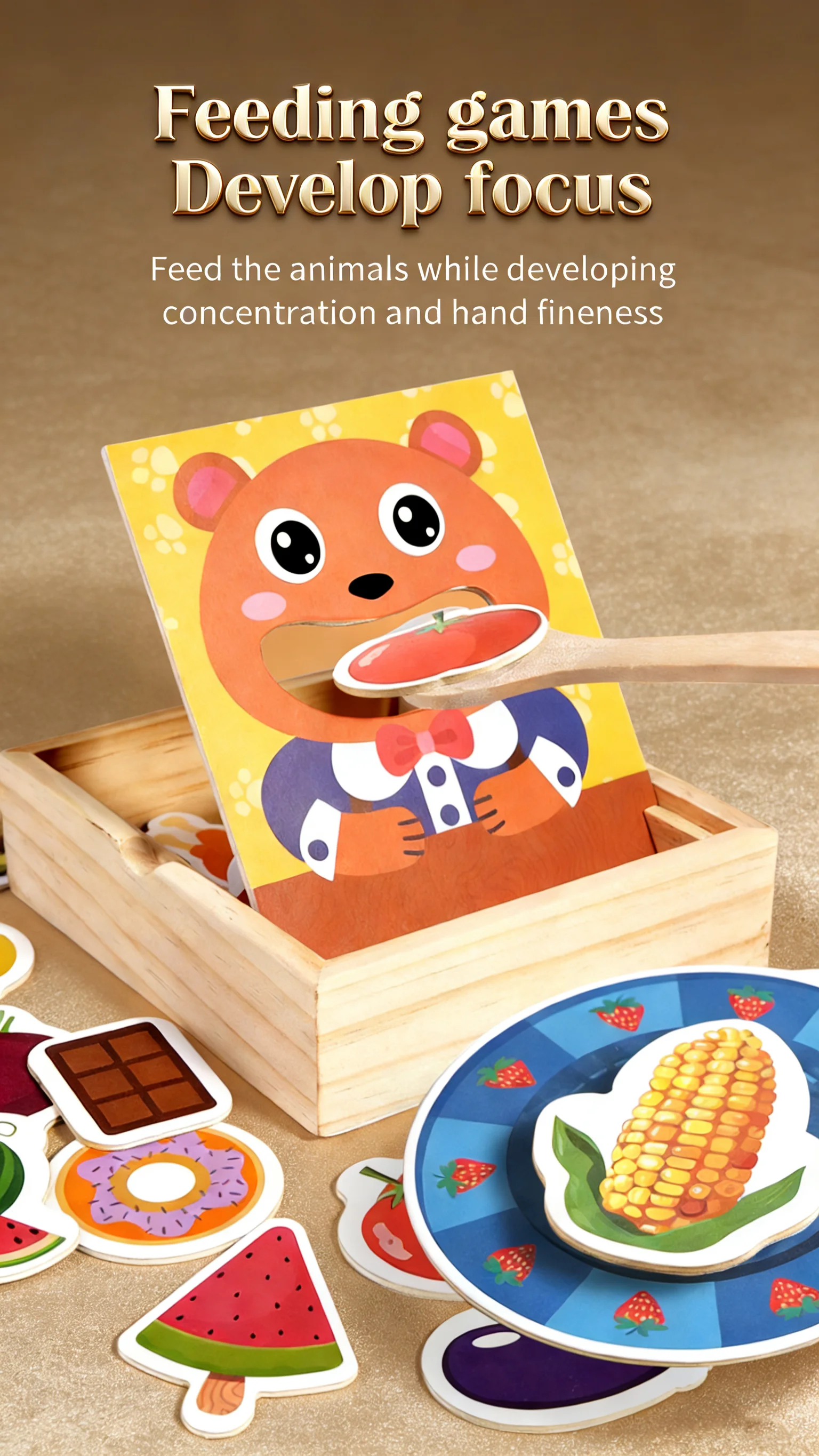 Holz-Bären-Fütterungsspiel für Kleinkinder 30 Lebensmittelkarten Obst Gemüse Desserts Löffel Teller zur Förderung der Feinmotorik Lebensmittel-Erkennungsfähigkeit – Detail 8