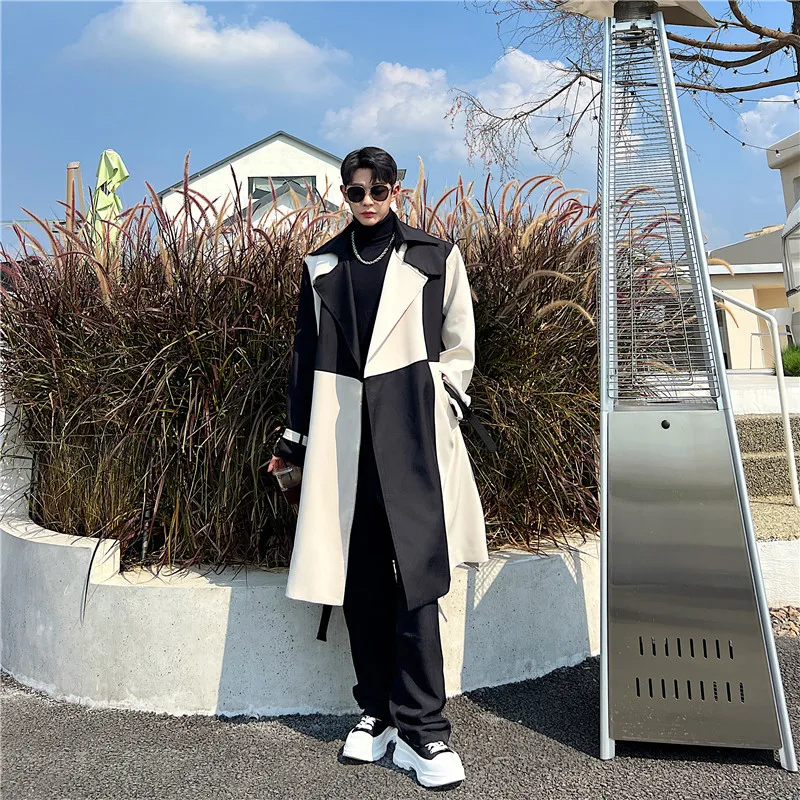 Autumn Winter Korean Fashion Contrast Color Long Trench Coat Mens High Quality Casual Long Jackets Gabardina Hombre