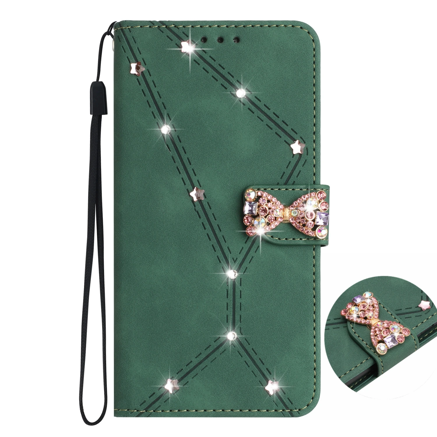 Luxury Rhinestone Wallet Case with Bow - Leather Flip Cover with 3 Card Slots and Anti-Drop Protection