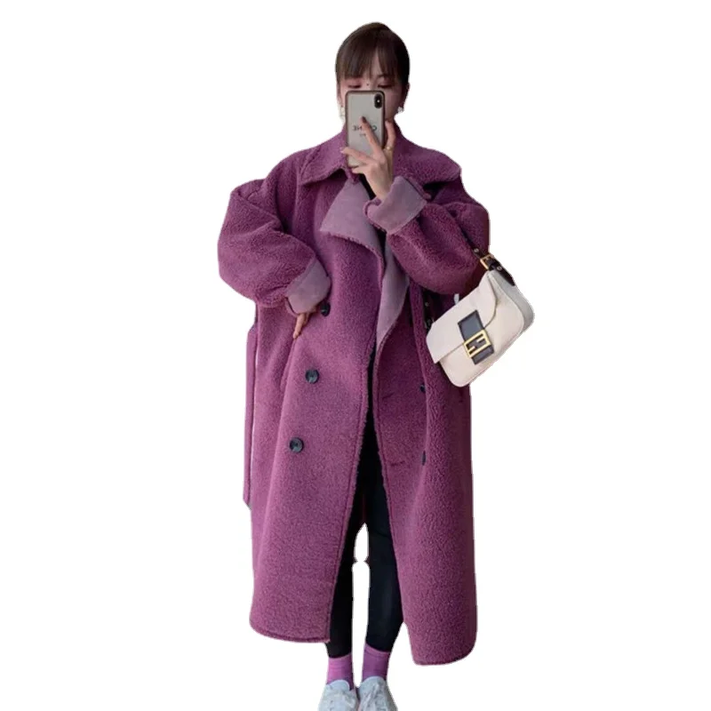 

The New POLO Collar Is A Long Coat with Genuine Wool Lamb Fur. Autumn and Winter Retro Loose Joker Double-breasted Buckle Is