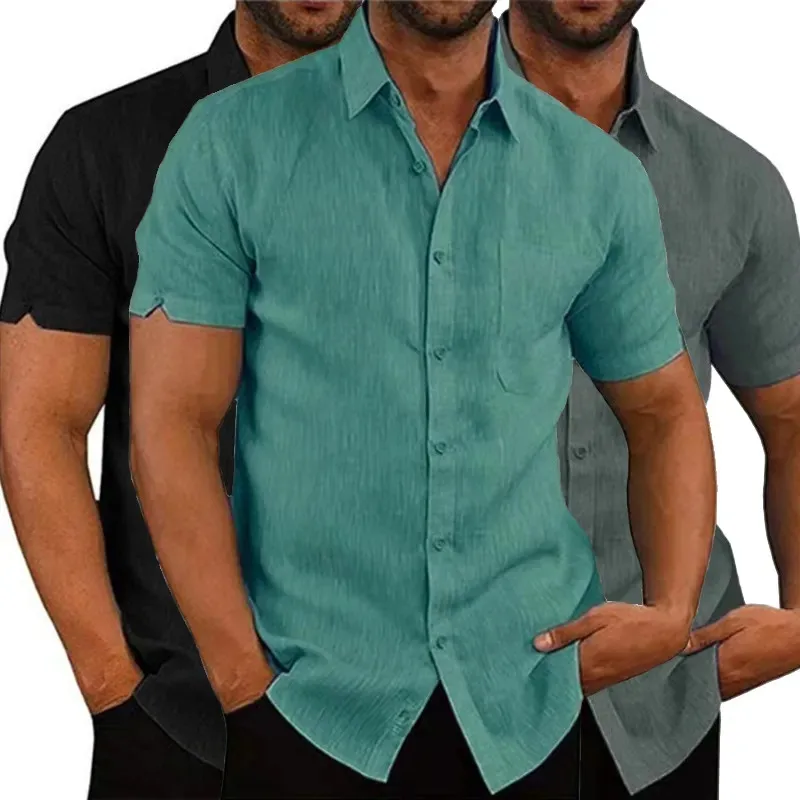 

Summer men's cotton linen shirt casual short sleeved shirt shirt solid lapel formal beach shirt men's clothing