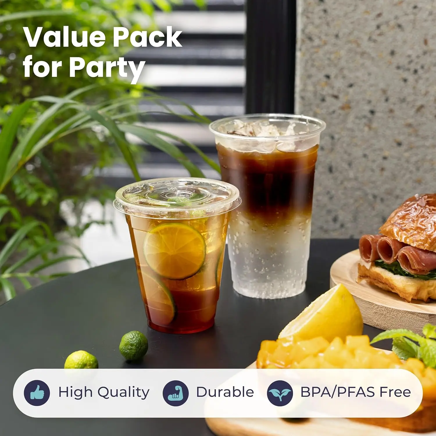 Disposable Clear Plastic Cups with Flat Lids - BPA-Free Premium Smoothie and Iced Coffee Cups