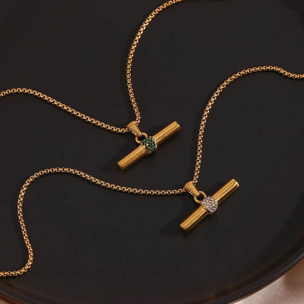 18k Gold Plated Stainless Steel Snake Chain T Bar Pendant Pendant Necklace