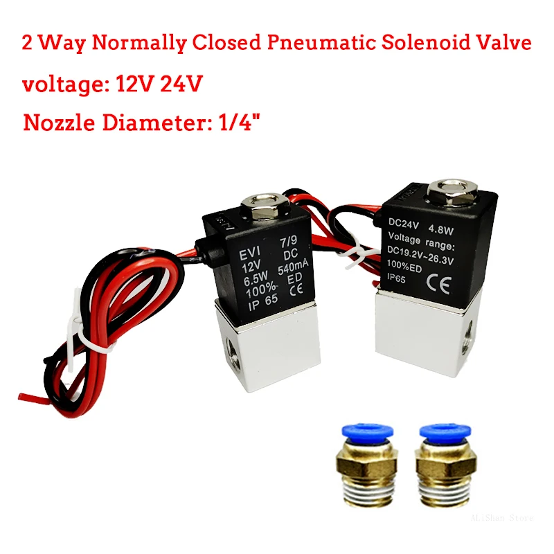 

DC 12V 24V Solenoid Valve 1/4" 2 Way Normally Closed Direct-acting Pneumatic Valves for Water Air Gas Hot Quick Connector