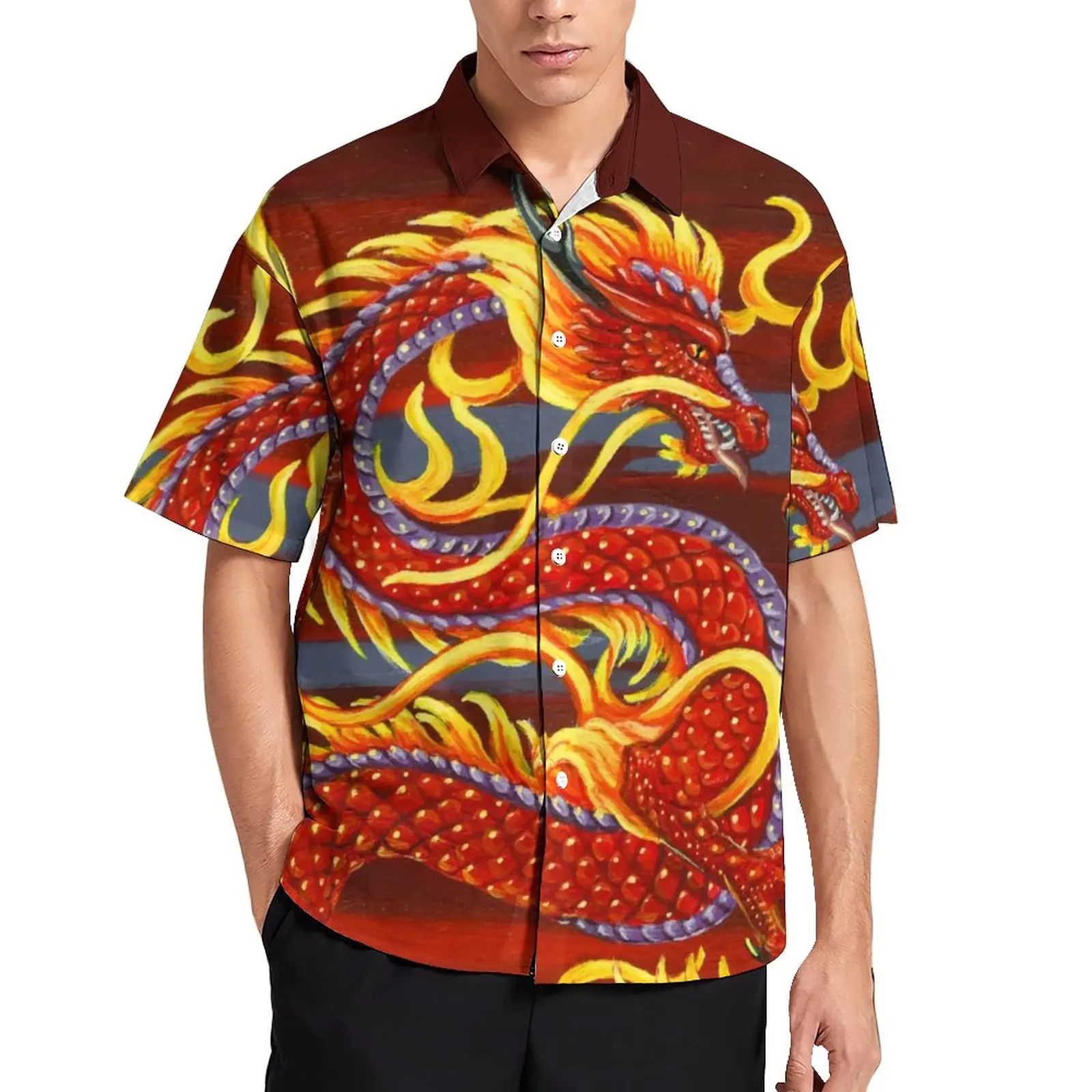 Hawaiian Dragon Pattern Men's Shirt Summer Oversized Short