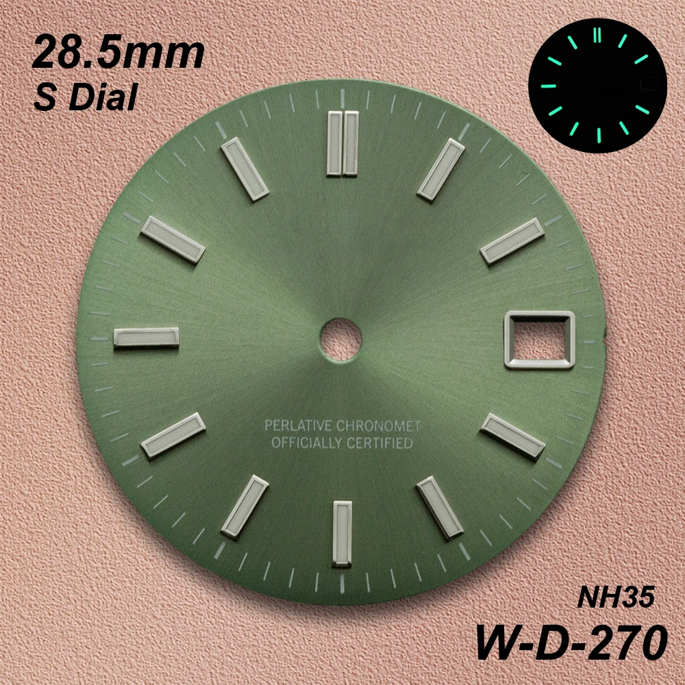 28.5mm S 로고 선레이 다이얼 NH35/NH36 무브먼트 호환 그린 야광 고품질 시계 개조 액세서리 3/3.8시 방향 호환