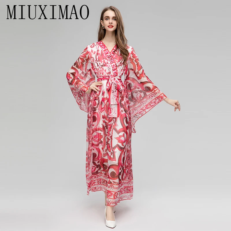 Фото MIUXIMAO 2023 осеннее платье с красным фарфоровым принтом Элегантное повседневное длинное платье с длинным рукавом Женские платья шифоновые пляжные платья с поясом №2