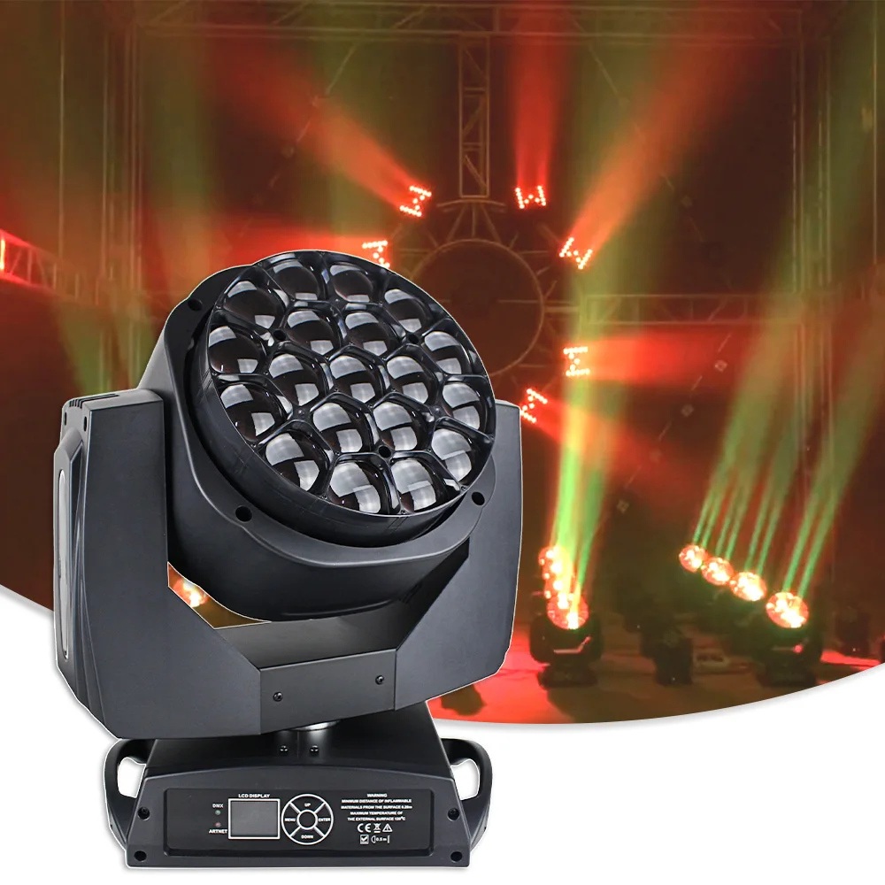 YUER 19x15w RGBW Bee Eye Beam Zoom Moving Head Stage Lighting DMX Strobe Wash Effect Party Decoration Dj Disco Nightclub Lamp