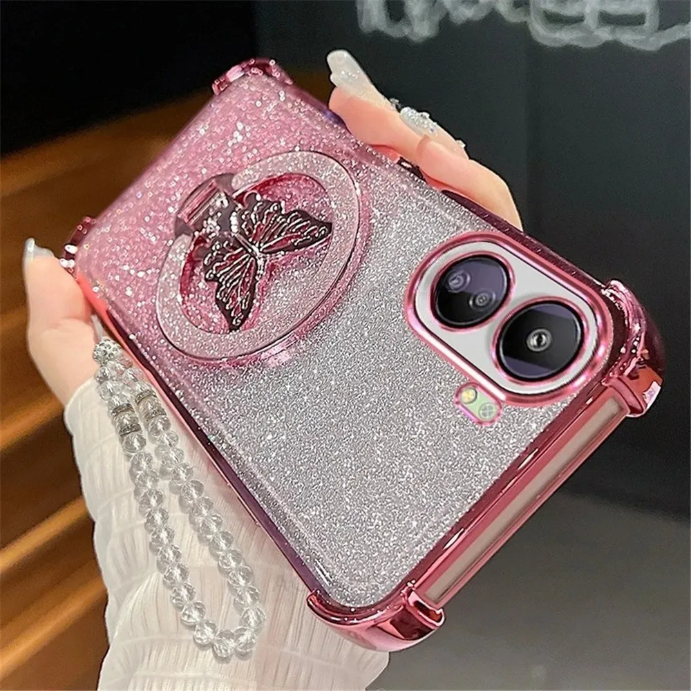 Glitter Butterfly Crystal Bracelet Shockproof Silicone Phone Case