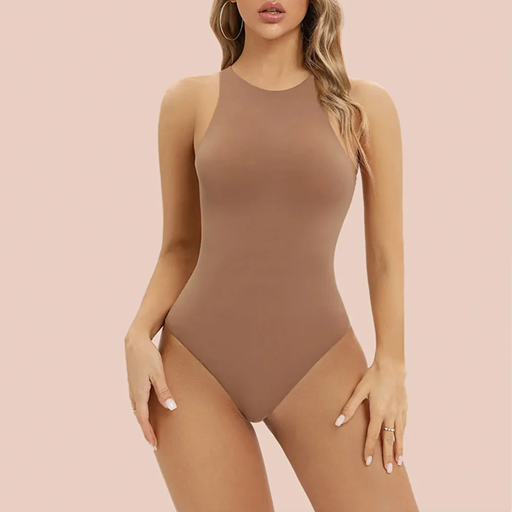 AROHA  Sleeveless Bodysuit Tops Body-Hugging T-shirt Women Crew Neck Bodywear Thong Jumpsuit Slimming Catsuits  Leotards Shaper