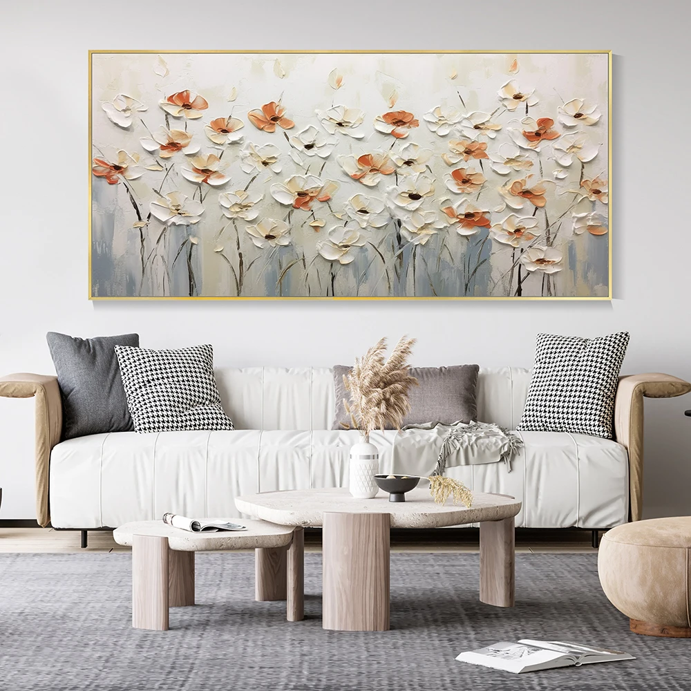 

Hand Painted Oil Painting Horizontal Blooming Flower Bush Textured Oil Painting Wildflowers Abstract Art Living Room Decor Art