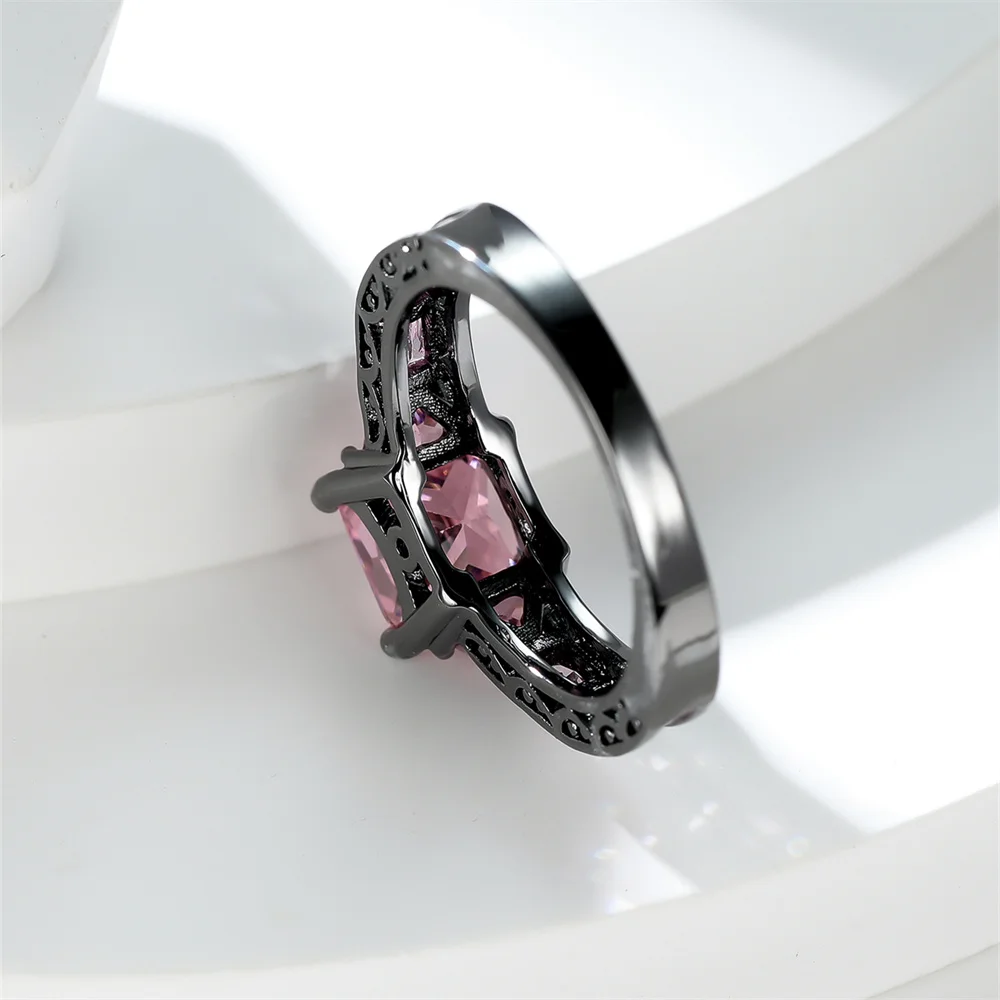 Elegant Pink Crystal Square Stone Rings For Women Vintage Black Metal Wedding Band Engagement Promise Jewelry Mother's Day Gifts