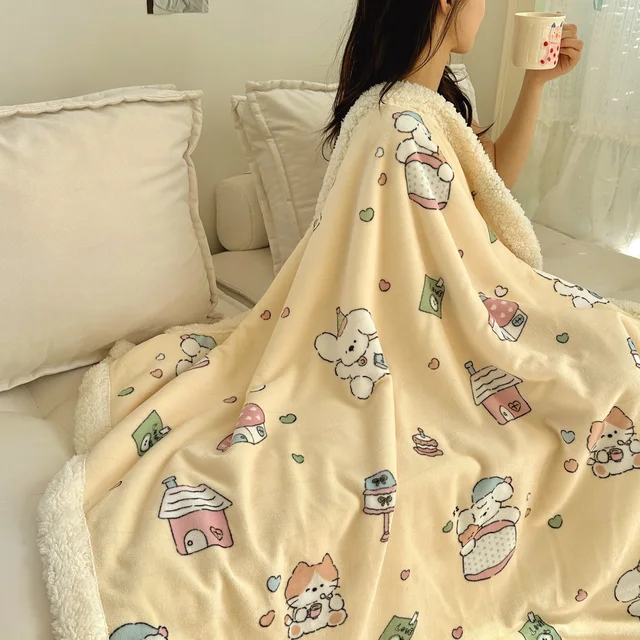 INS Cartoon Print Artificial Lambs Wool Blanket Thick Warm Milk Velvet Throws Blankets for Sofa Shawl Office Naps Plush Blanket