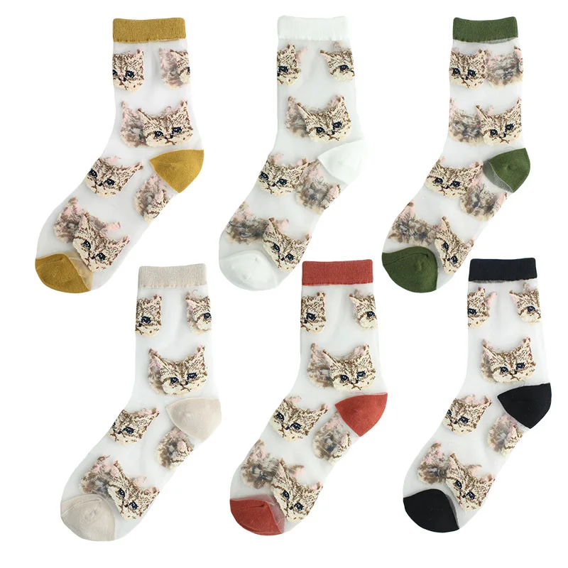 

Female Socks New Design Medium Tube Cute Cat Summer Cool Breathable Ultra-Thin Transparent Glass Filament Elastic Women Sock