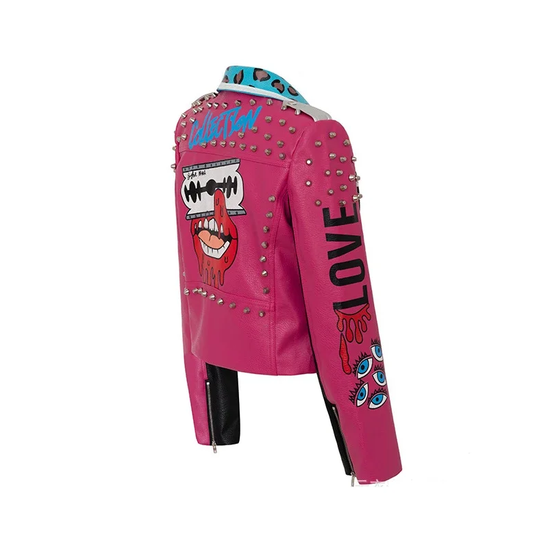 Punk Rivets Cropped Motorcycle Jacket Women 2024 Trend Streetwear Graffiti Print Contrast Stitched Faux Leather Jacket