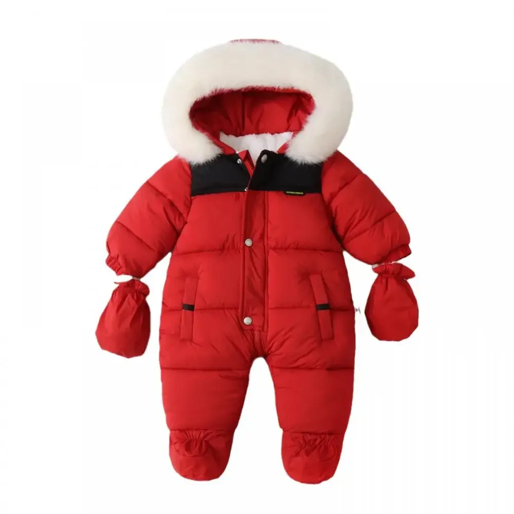 Baby Girl Boy Clothing Winter Rompers Hooded Thick Warm Windproof Outdoor with Pocket Glove Newborn Romper Coat