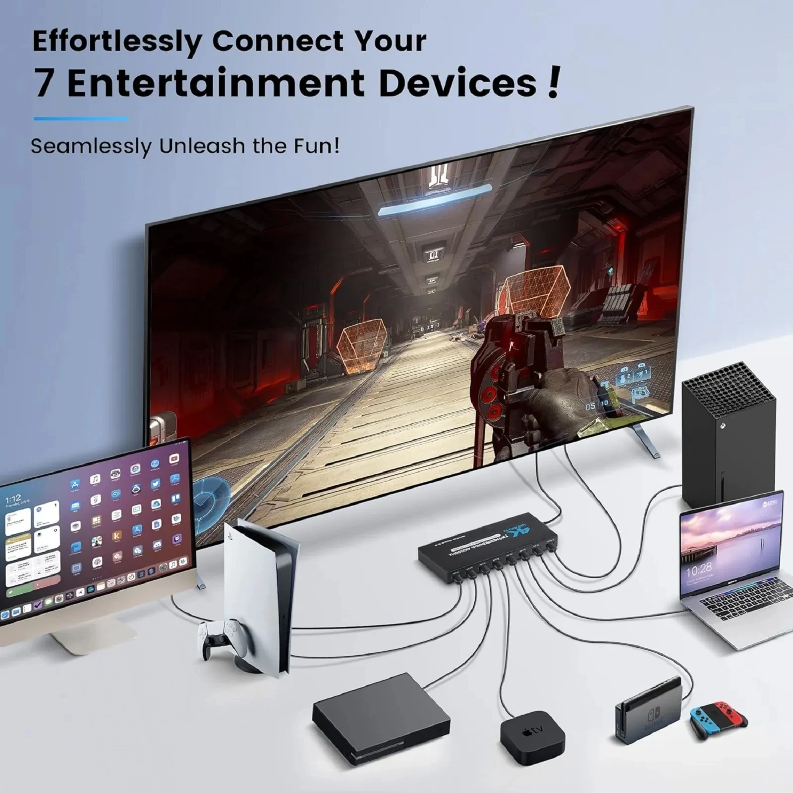 Фото Коммутатор 7 портов HDMI 2,0 4K @ 60 Гц 7x1 HDMI 2,0 переключатель с ИК-пультом дистанционного управления аудио и видео преобразователь 7 в 1 выход поддержка HDR и HDCP 2,2 DC5V №2