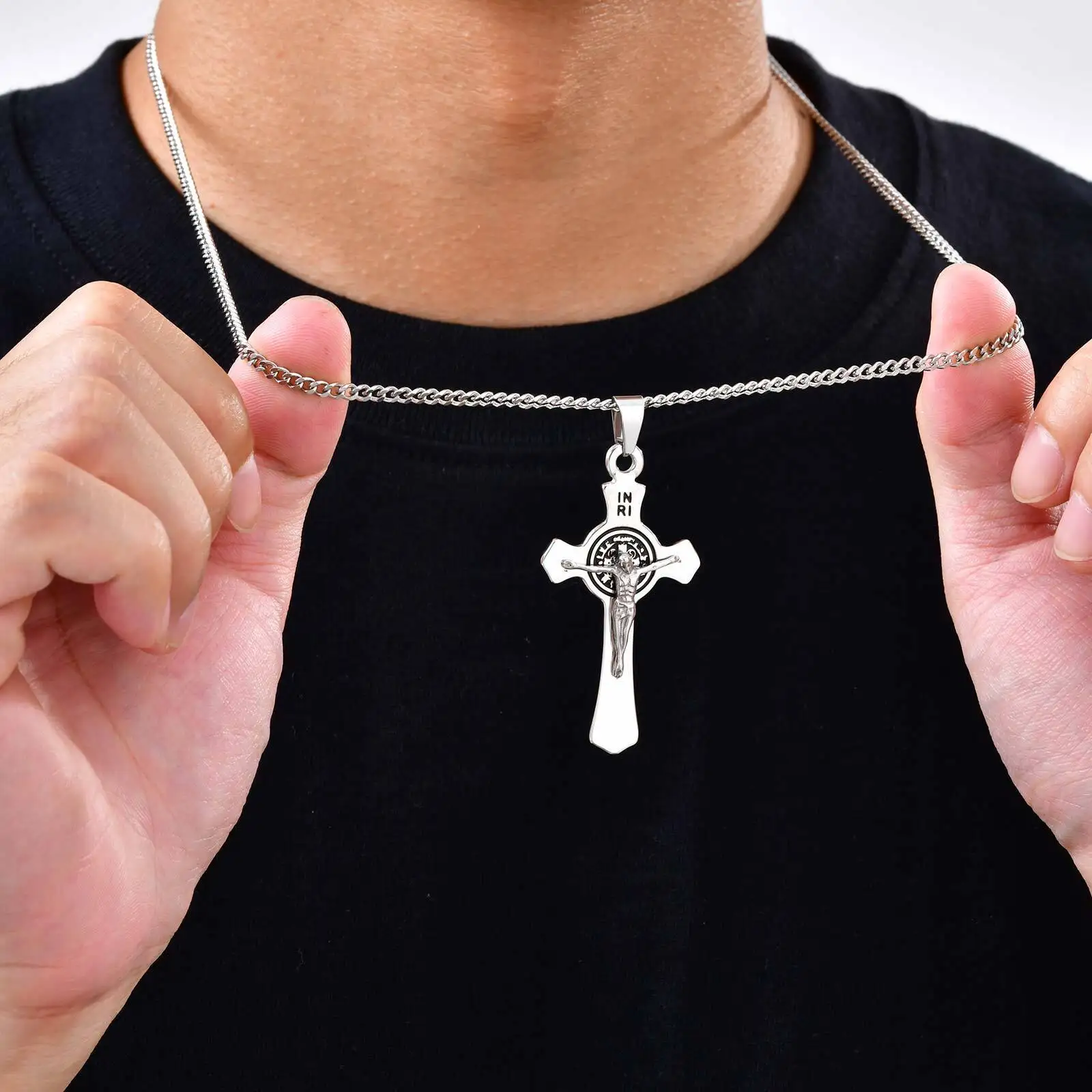Catholic Saint Benedict Cross Necklce for Men,Stainless Steel Necklace Jesus Cross Pendant,Crucifix Necklace Gift