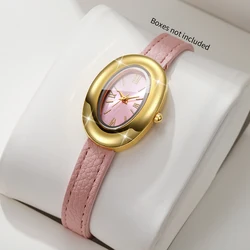 Elegant Oval Dial Women's Ultra - Thin Leather Strap Quartz Wristwatch (Gold Pink No Box)