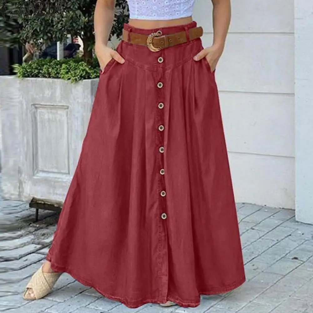 

Colorfast Great Stitching Button Decor A-line Summer Maxi Skirt Dating Clothes
