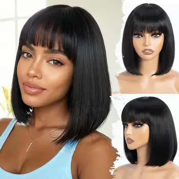 Straight Bob Wig with Bangs Glueless Wigs Human Hair HD Lace Short Natural Black Bob Blunt Cut 180% Density 16 Inches For Women 1