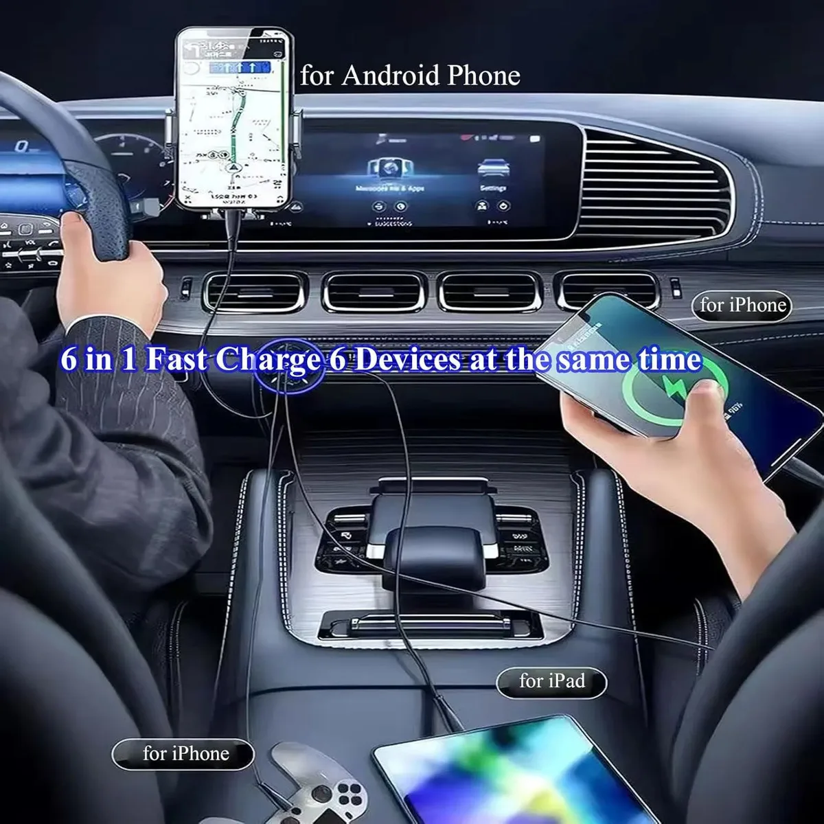 Adattatore caricabatterie per auto super veloce 6 in 1 con display LED della tensione, caricabatterie per telefono alimentato da presa auto per dispositivi intelligenti come tablet - immagine 6