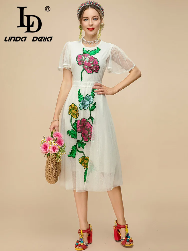 

LD LINDA DELLA Fashion Runway Summer Dress Women's Flare sleeve Sequins Floral Embroidery Party Vintage Midi Dress
