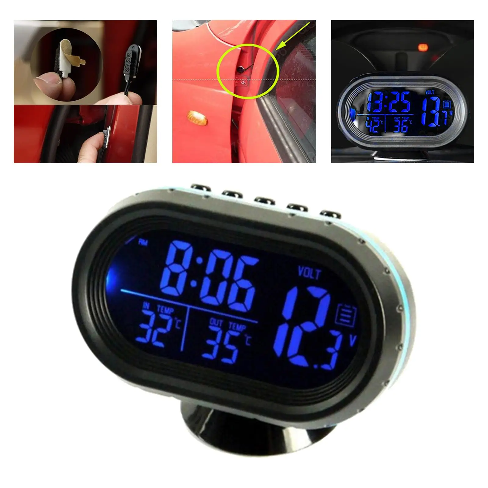 12V voiture thermomètre numérique Voltmètre horloge alarme