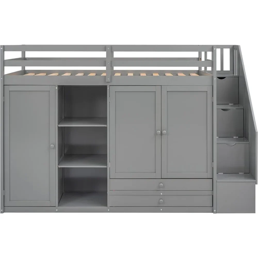Bed Frame Functional Twin Loft Bed with Stairs 2Drawer and 3 Shelves Twin Size Loft Bed Frame with Wardrobe No Box Spring Needed 6