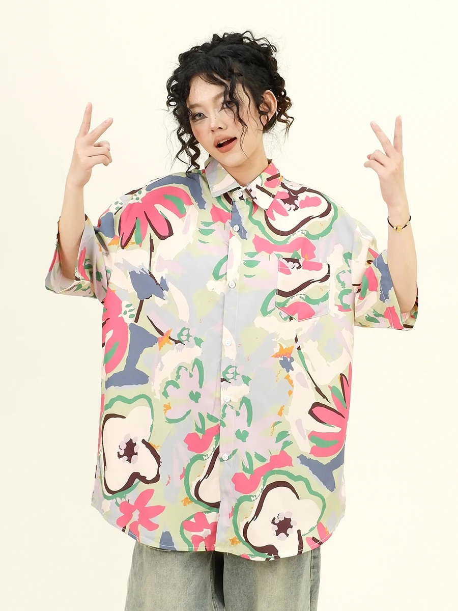 

Женская рубашка с коротким рукавом, свободная летняя рубашка с принтом масляной живописи, в японском стиле, новинка 2024