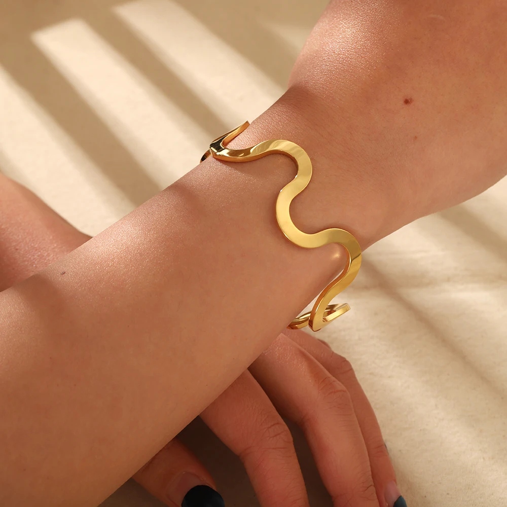 Chunky 16K Gold Plated Stainless Steel Curve Choker Necklace Wavy Open Bracelet Bangle High End Tarnish Free Jewelry Gifts 202 4