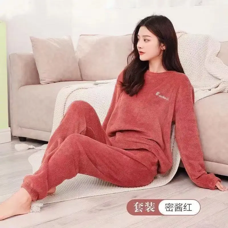 Women Pajamas Sets Flannel Winter Sleepwear Long Sleeve Velvet Pyjama Pants Cute Pijamas Mujer Female Loungewear Casual Homewear