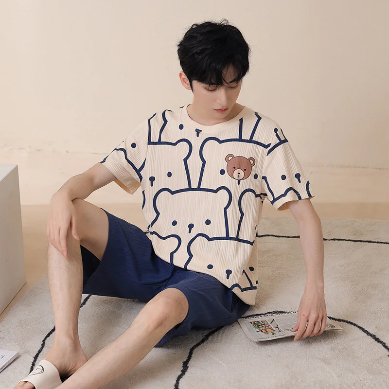 New Men's Pajamas Pure Cotton Short Sleeved Shorts Summer  Version Leisure Sports Youth Home Clothes Set