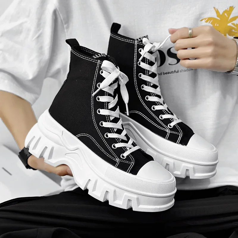 Unisex Canvas Round Toe Thick Sole Platform Chunky Heels Women Men Sneakers Lace Up Mixed Color New Fashion Western Casual Shoes 4