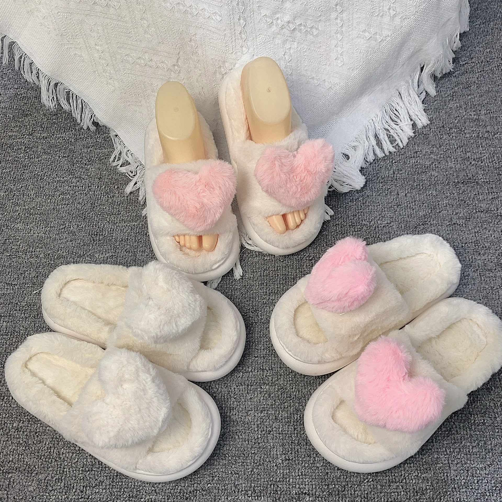 

Heart Love Fluffy Fur Slippers Women Warm Open Toe Plush Memory Foam Slide Slippers Home 2023 Winter Indoor Shoes