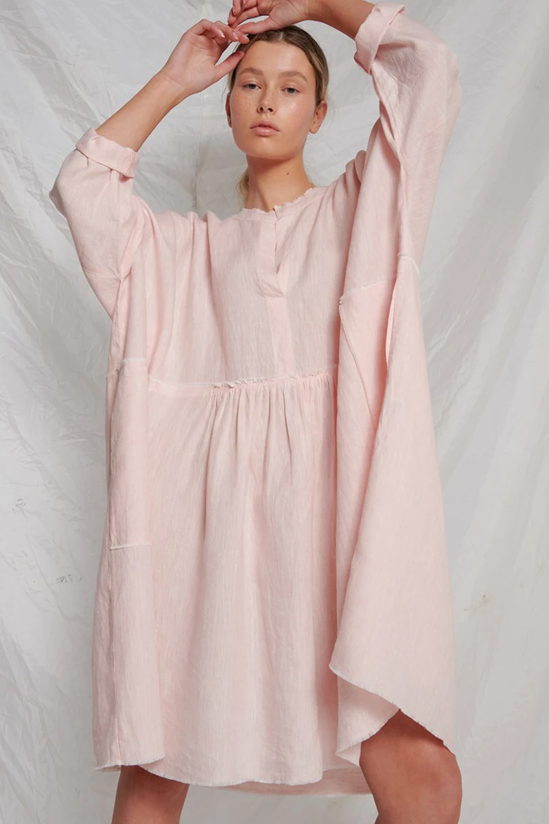 

Solid Sweet Loose Dress for Women Round Neck Long Sleeve Pleated Casual Linen Midi Dress Asymmetric Harajuku Shirt Dresses
