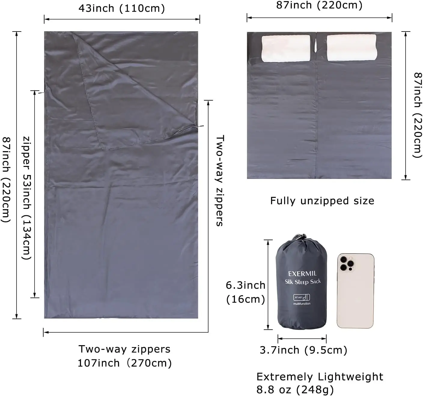 Sack with All Around Zippers, 87&rdquo;x43&rdquo; Large Sleeping Sheets for Hotels, Travel & Camping, Multifunctional Travel