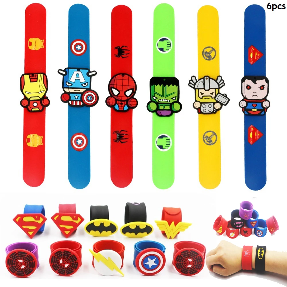 6Pcs Disney Cartoon Marvel Bracelet Spiderman Hulk Capitan America Anime Figure Wristand Slap Bracciali Per Regali Ragazzi Ragazza Giocattoli