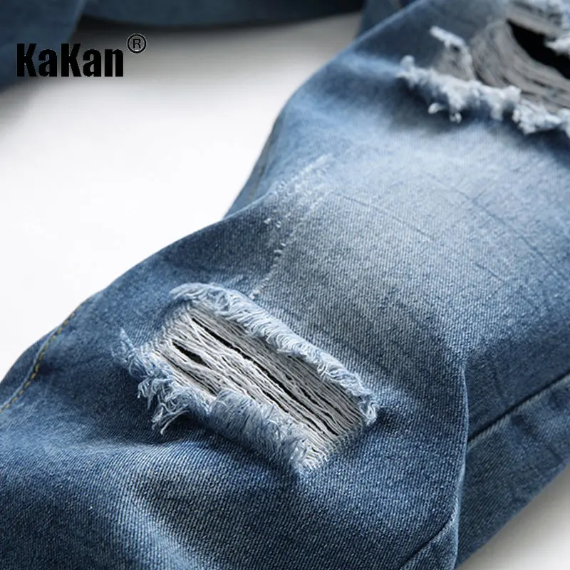Kakan - European and American New Blue Distressed Jeans for Men's Wear, Worn Out Washed Casual Straight Length Jeans K36-346