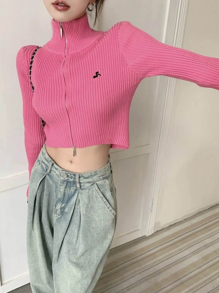 

HOUZHOU Korean Fashion Sexy Slim Zipper Knitted Cardigan Winter Clothes Women Vintage Casual Embroidery Sweater 2023 Y2k New In