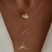 Ensemble de 2 pièces de bijoux pour femmes, style Boho, couleur or, coquille Marine, pendentif étoile de mer, chaîne de perles, multicouche, pliable 5