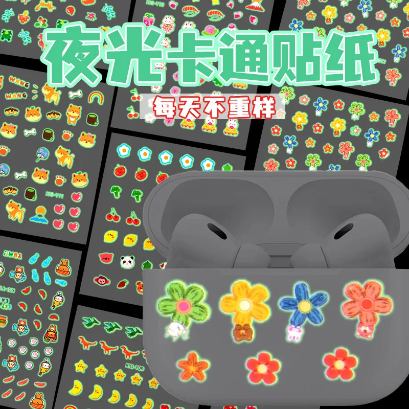 40pcs/sheet Relief Stickers for Kids Diy Handaccount Headphone Shell Decoration Luminous in The Dark Fish Flower Dinosaur Rabbit